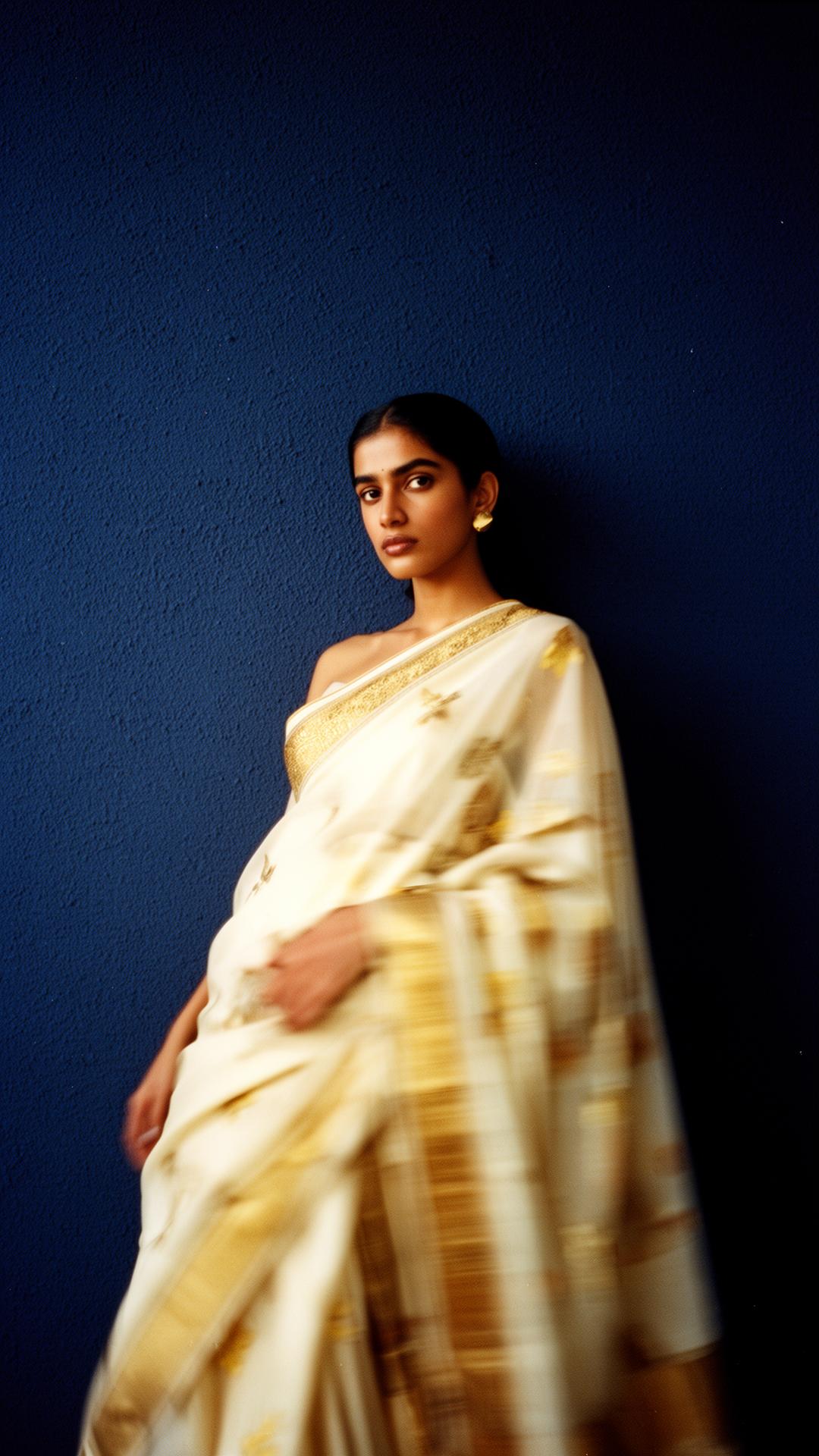 Campaign portrait — draped silk in cream and gold