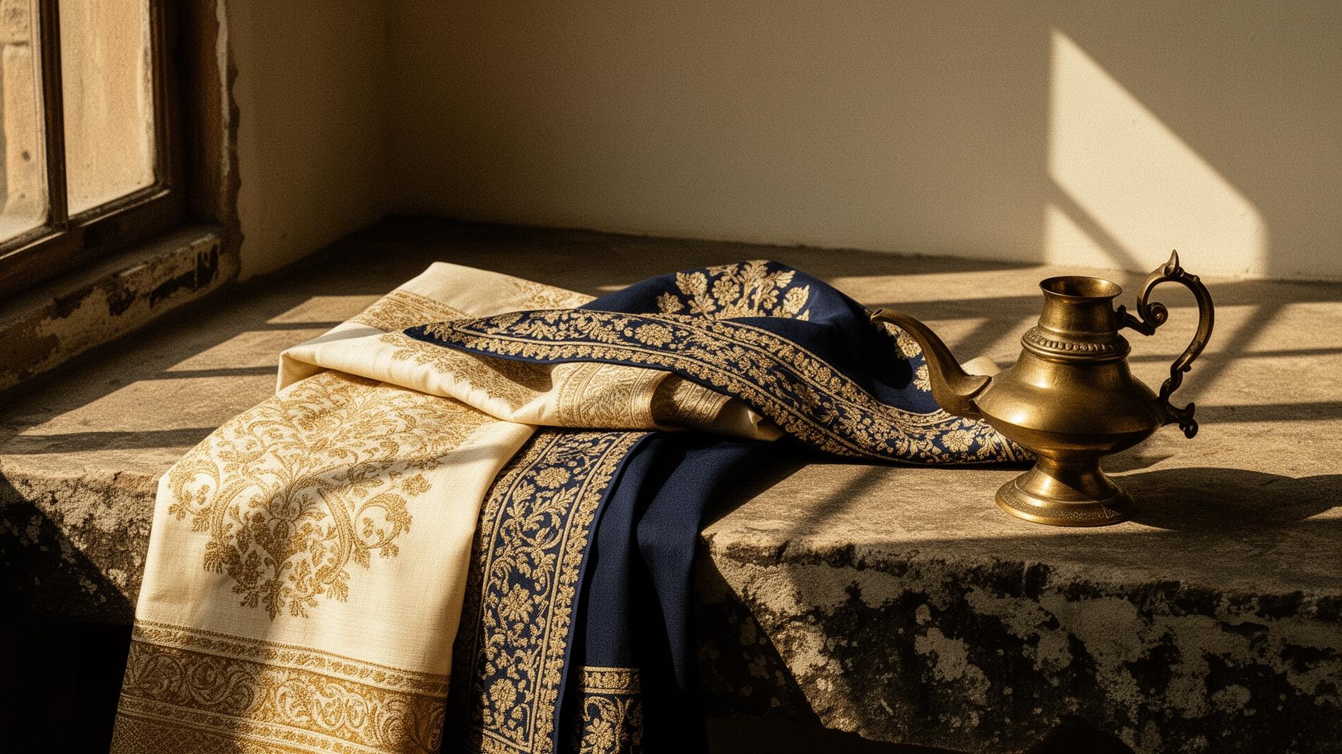 Campaign still life — layered textiles with brass